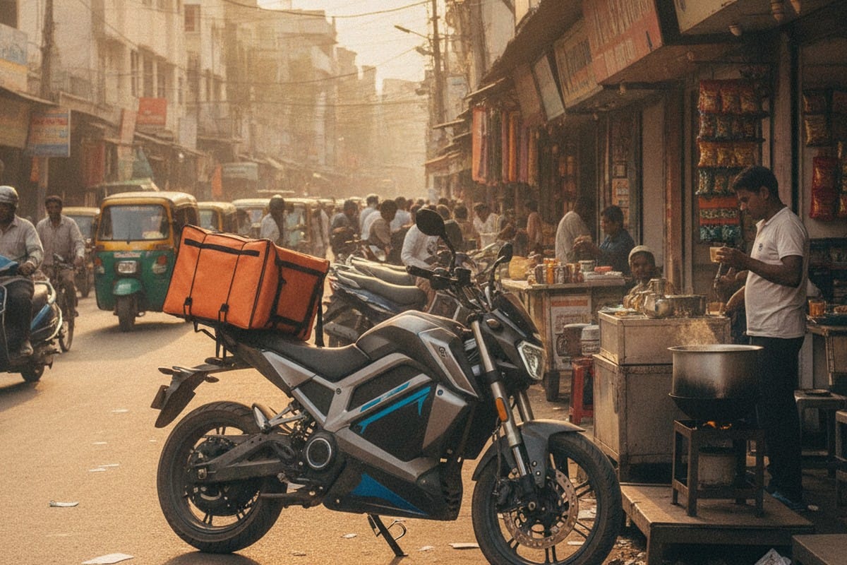 High-range electric motorcycle used for delivery work on Indian urban streets, side profile view