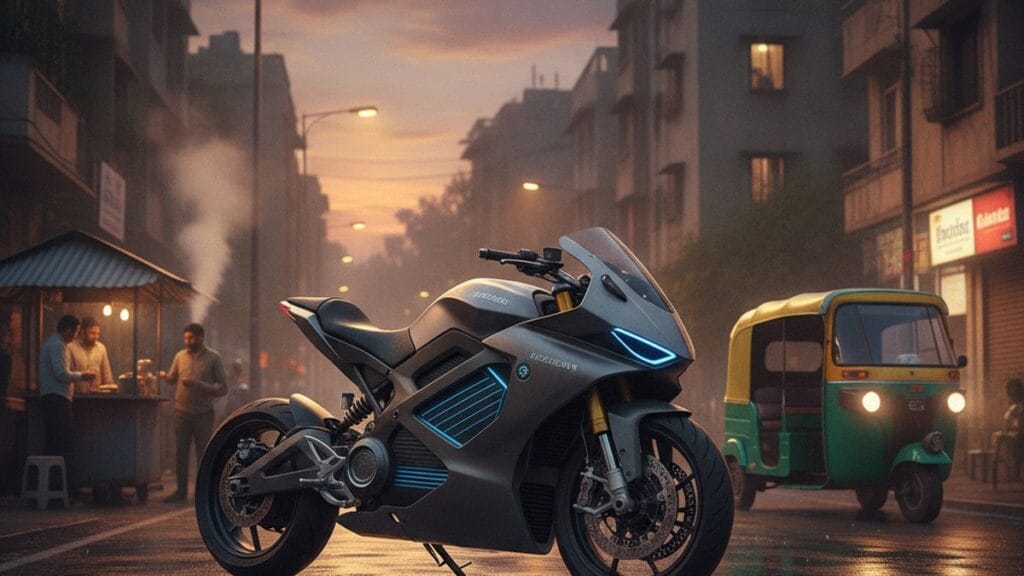 Electric motorcycle parked on a rain-wet Indian city street at dusk