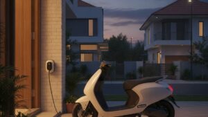 Electric scooter charging at home in Indian urban driveway at dusk