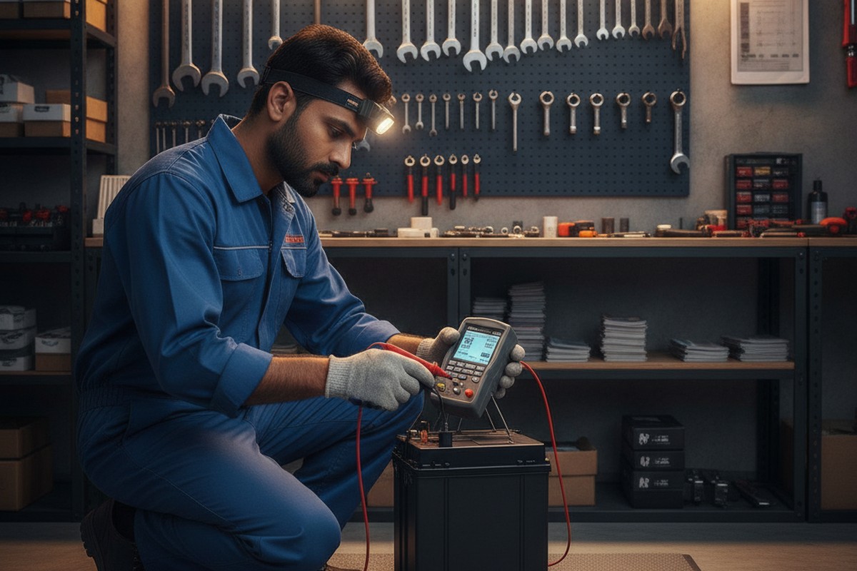 Electric scooter battery inspection at service centre in India