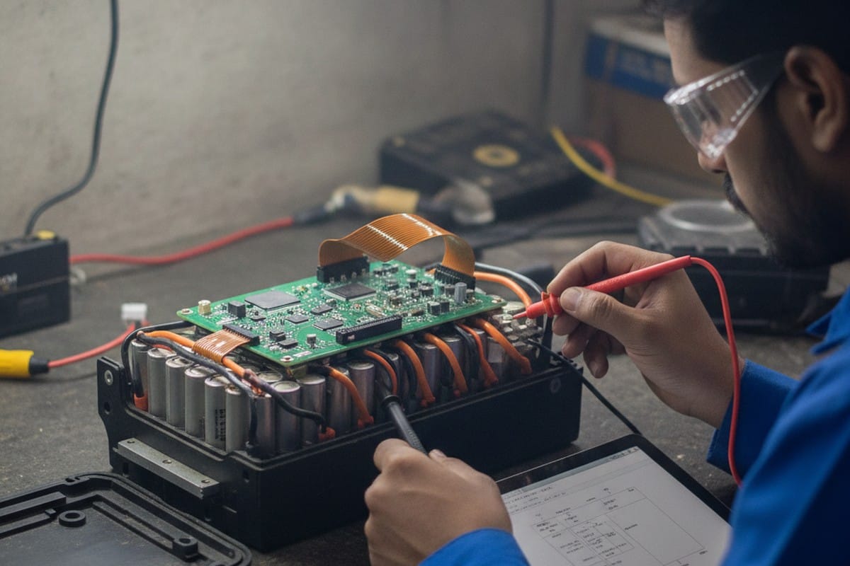 EV scooter battery pack inspection showing BMS unit and lithium cells