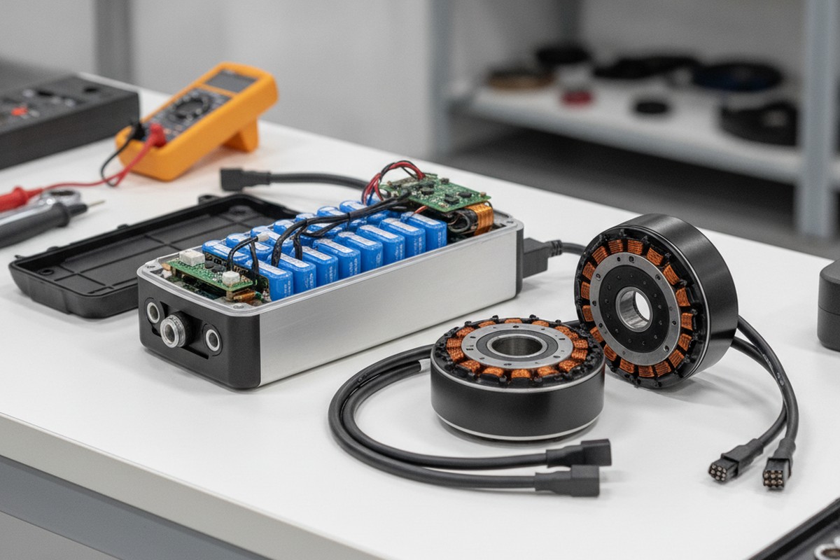 Electric scooter battery pack and IPM motor components showing quality engineering on a clean workshop bench