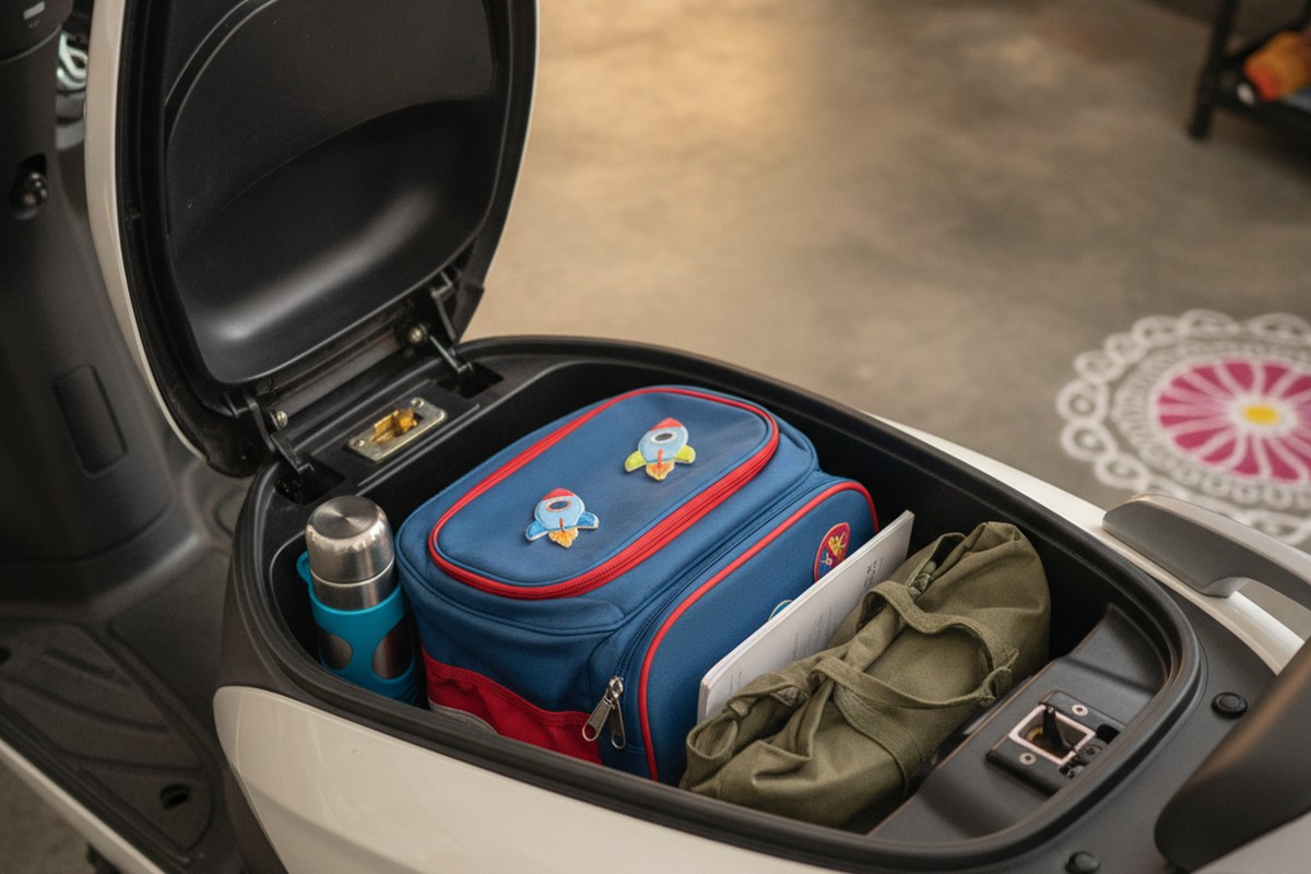 Electric scooter boot storage with school bag and groceries for Indian family use