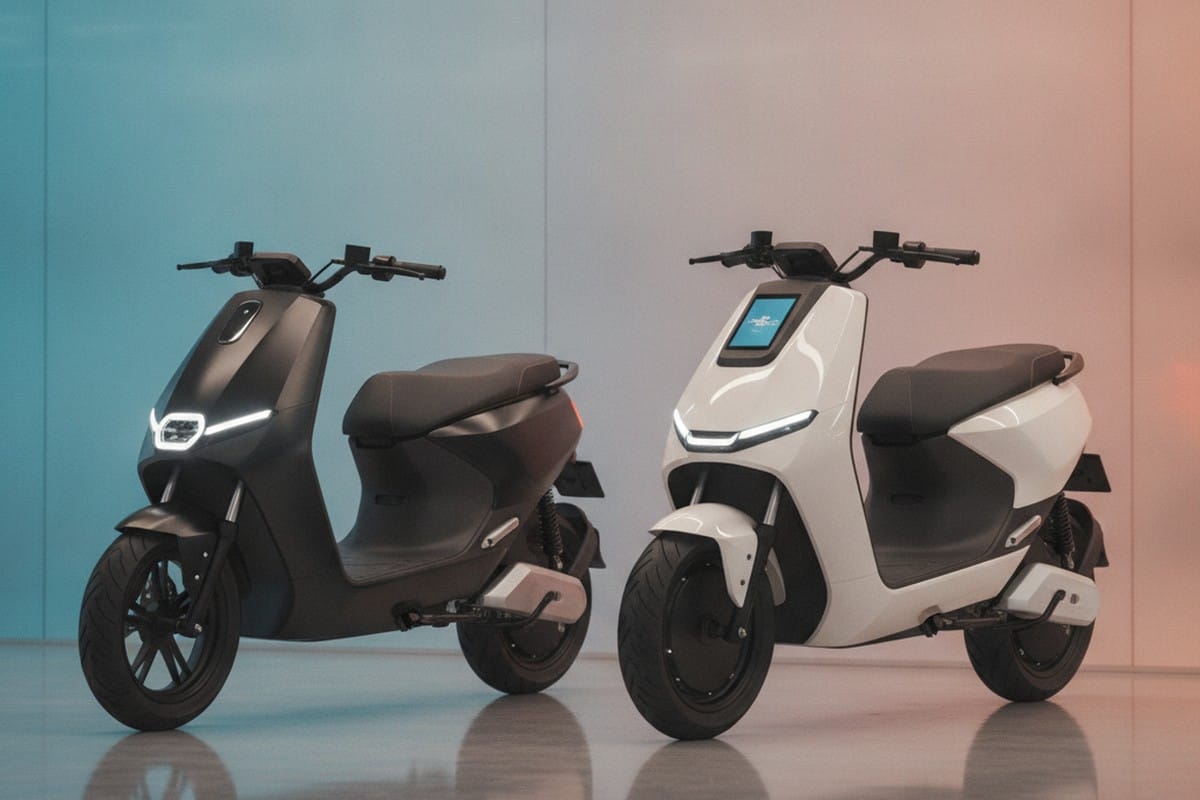 Two electric scooters side by side in a showroom for buyer comparison