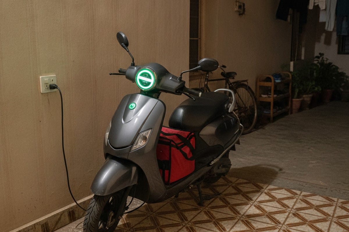 Electric scooter charging at home overnight with delivery bag on the floorboard, Indian apartment setting