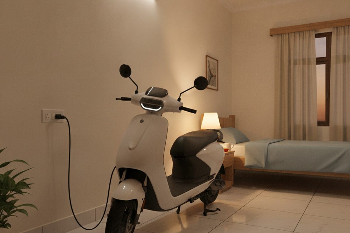 Electric scooter charging at a home socket in an Indian hostel room, plugged in overnight
