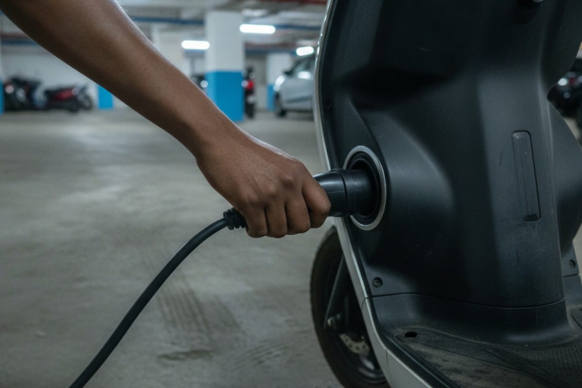 Electric scooter being charged overnight at an Indian home garage, with a standard domestic plug socket