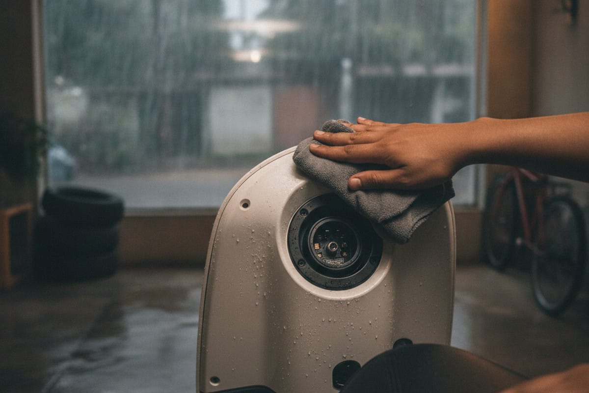 Drying an electric scooter charging port carefully after riding in monsoon rain
