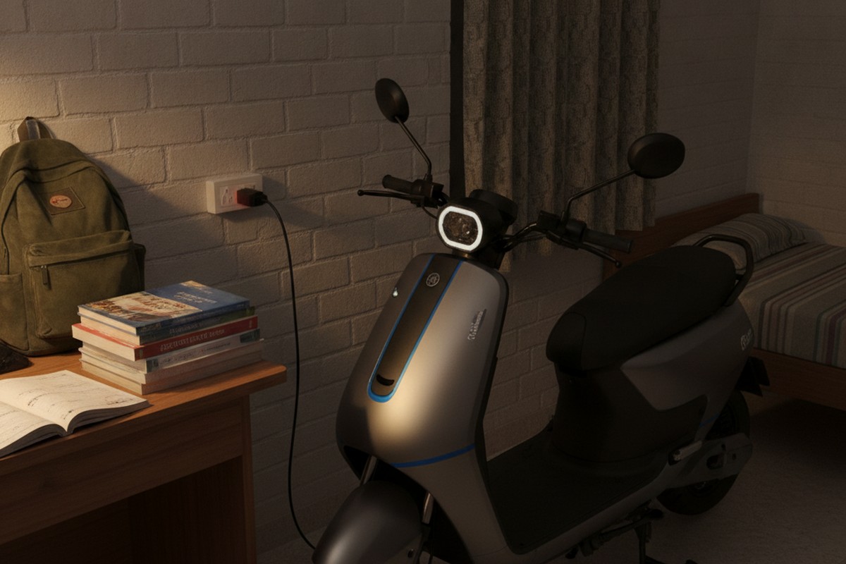 Electric scooter being charged at a student hostel room with college books in background