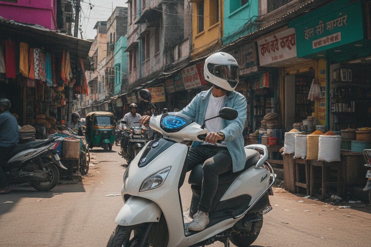 Modern electric scooter on Indian city street, showing the practical daily commute EV use case