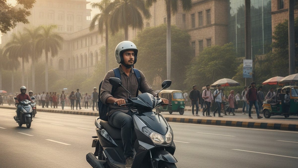 College student riding an electric scooter on an Indian city road near a university campus