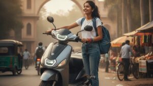 Young Indian college student with backpack standing beside an electric scooter outside campus