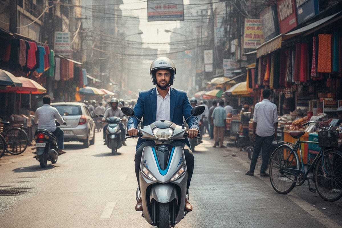 Indian professional riding an electric scooter through busy city traffic