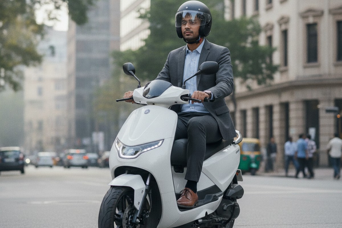 Young professional riding electric scooter on Indian city road