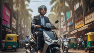 Electric scooter rider commuting through busy Indian city street