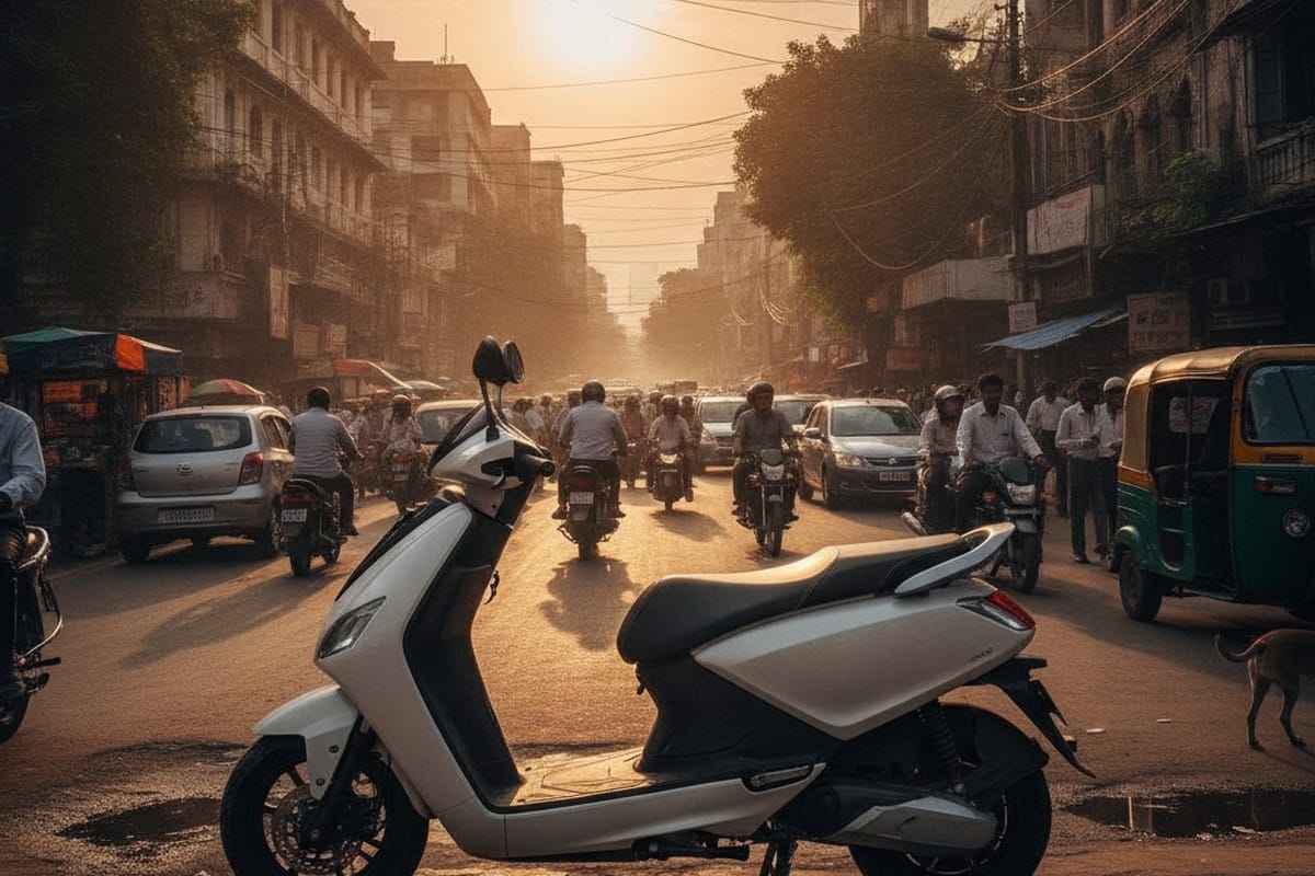 Modern electric scooter on a busy Indian city road during morning commute hour