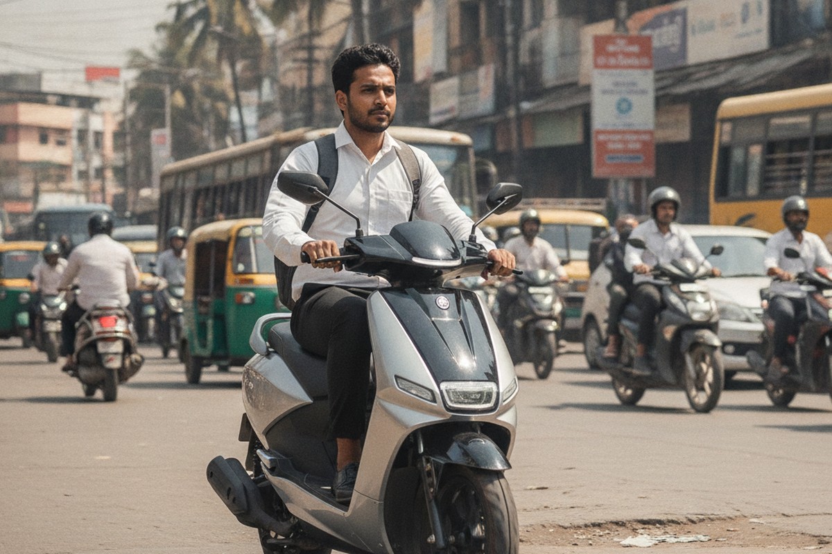 Indian man riding modern electric scooter on busy city street in India
