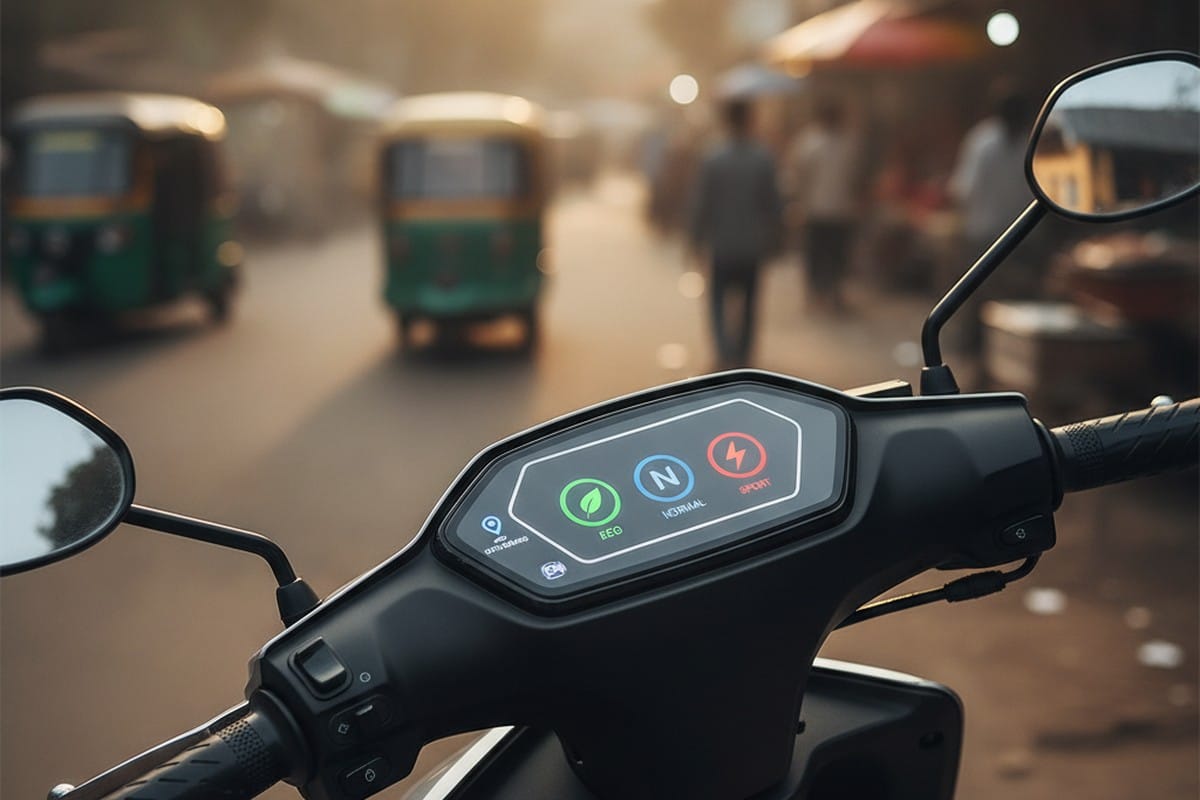 Electric scooter dashboard display showing riding mode indicators and GPS tracking India