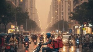 Electric scooter delivery rider navigating Indian city traffic during peak hours