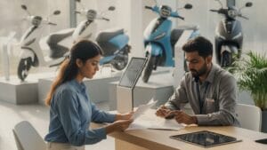 Young Indian woman discussing electric scooter EMI financing with a sales executive at a showroom in India