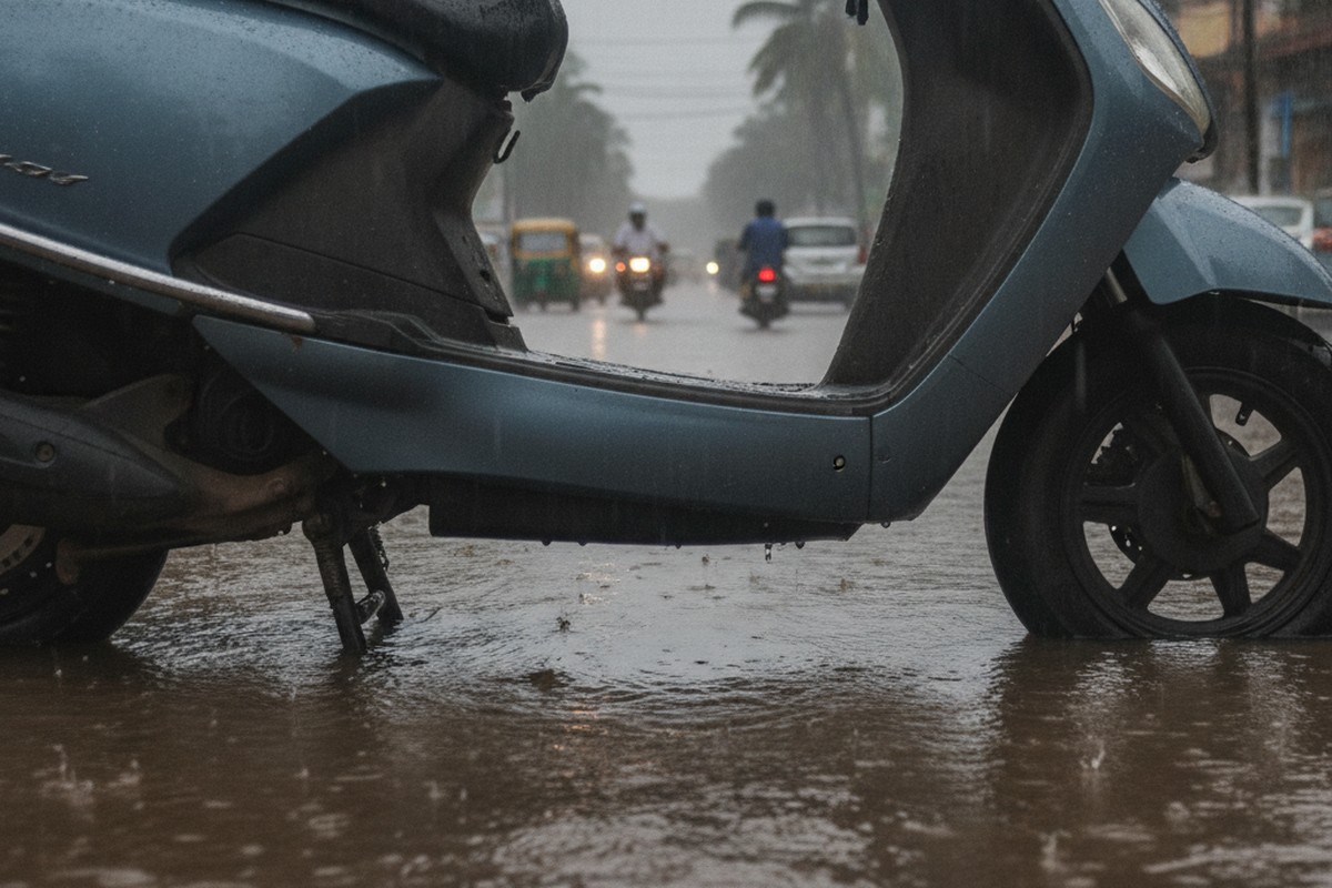 Electric scooter on flooded Indian road showing ground clearance limit during monsoon