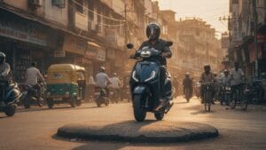 Electric scooter navigating Indian city road with high ground clearance over speed bump