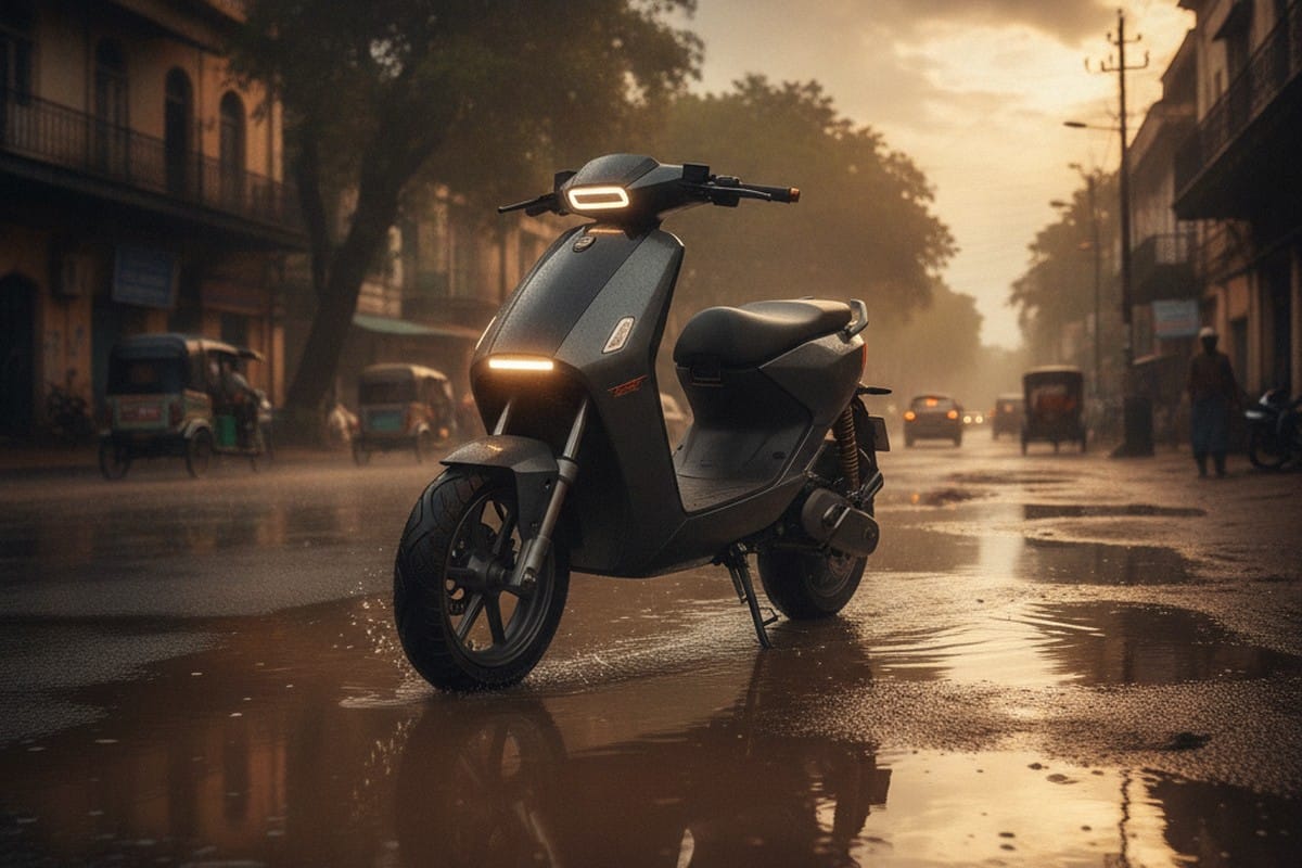 Electric scooter parked on wet monsoon road showing ground clearance above standing water in India