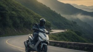 Electric scooter climbing a steep mountain road in an Indian hill station