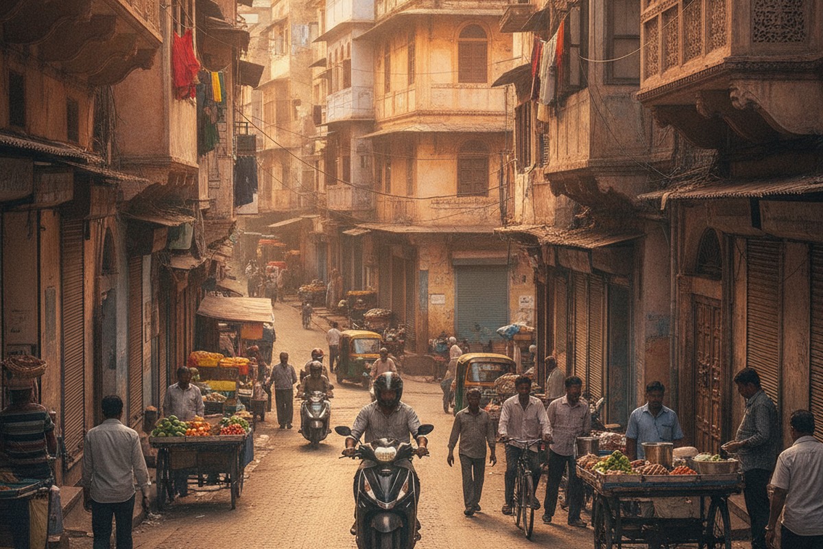 Electric scooter rider climbing a steep hilly urban street in India