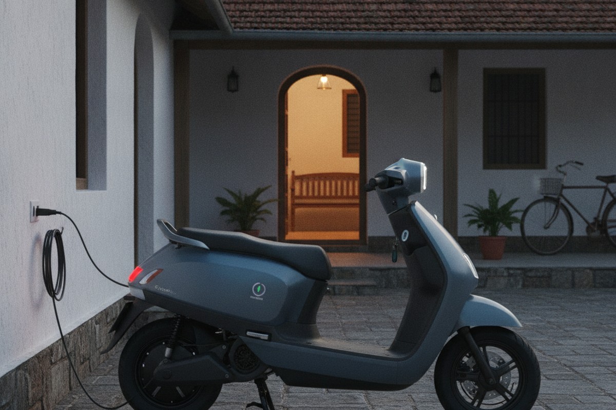 Elektree electric scooter charging at home in Indian household setting at night