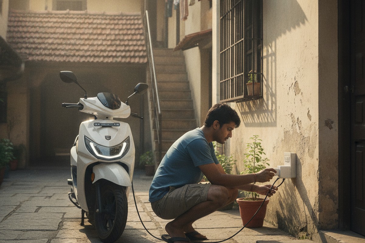 Young Indian man charging electric scooter at home