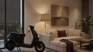 Electric scooter charging at home in India using a standard 15A wall socket at night