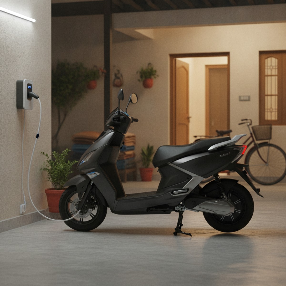 Electric scooter charging conveniently at home overnight — a key advantage for Indian daily commuters
