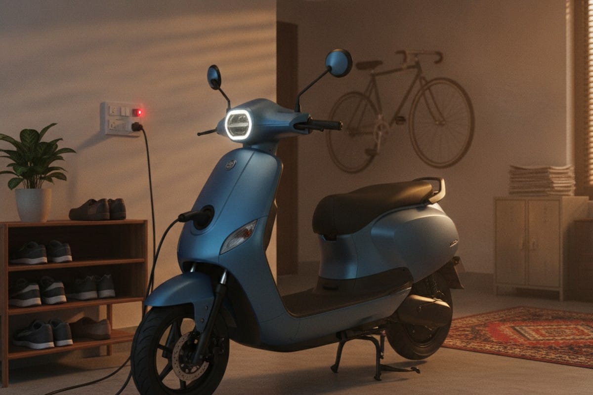Electric scooter charging at home with Indian wall socket, overnight charging convenience