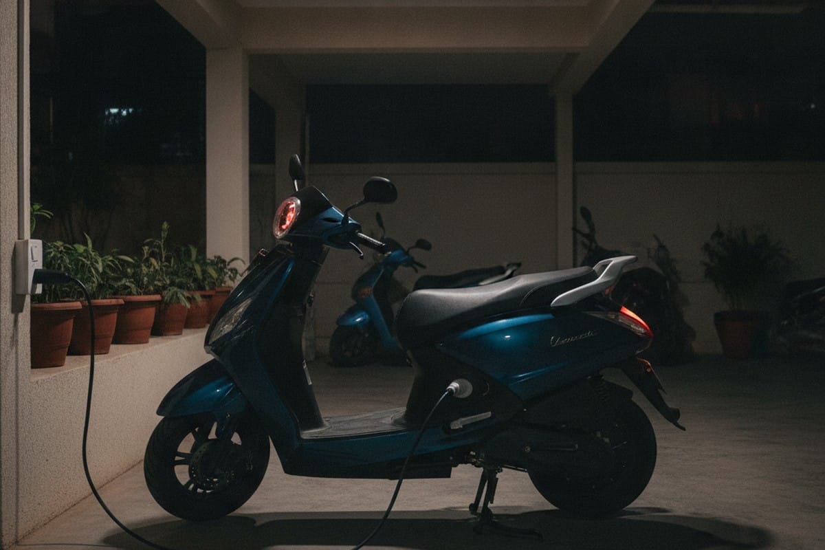 Electric scooter being charged at home overnight inside an Indian apartment parking area