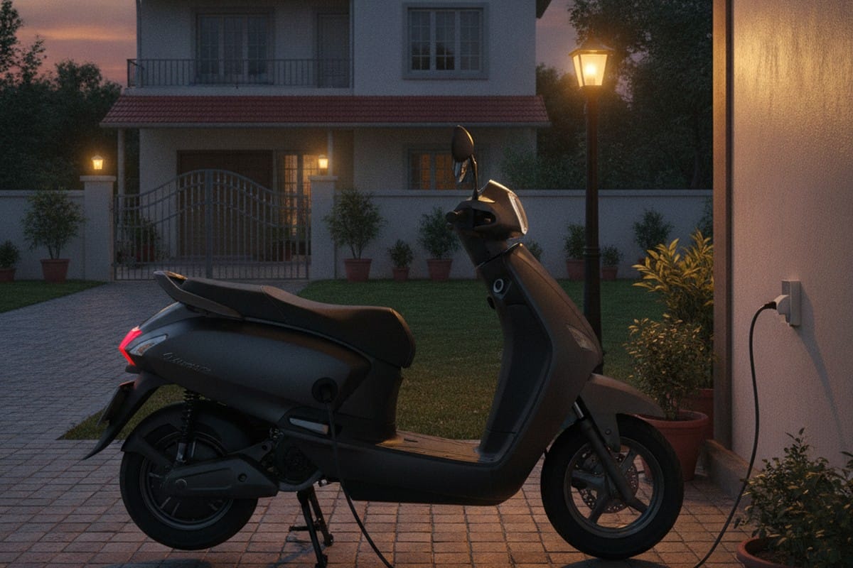 Electric scooter plugged in for overnight home charging at an Indian residence