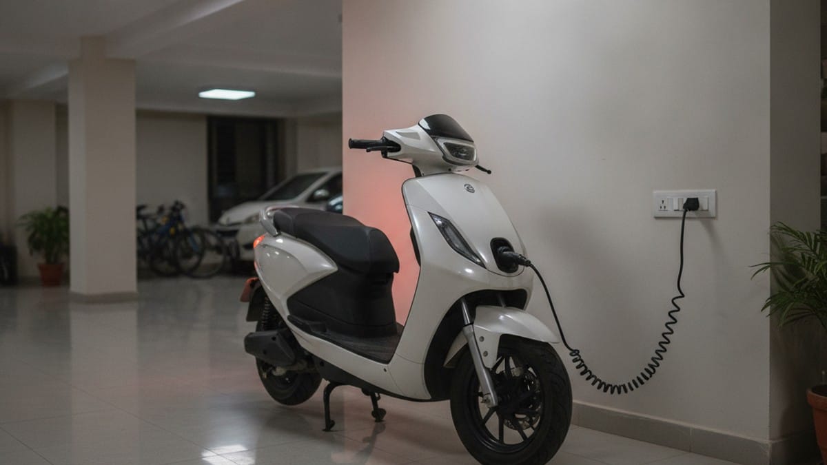 Electric scooter plugged in for home charging at a typical Indian home parking area at night