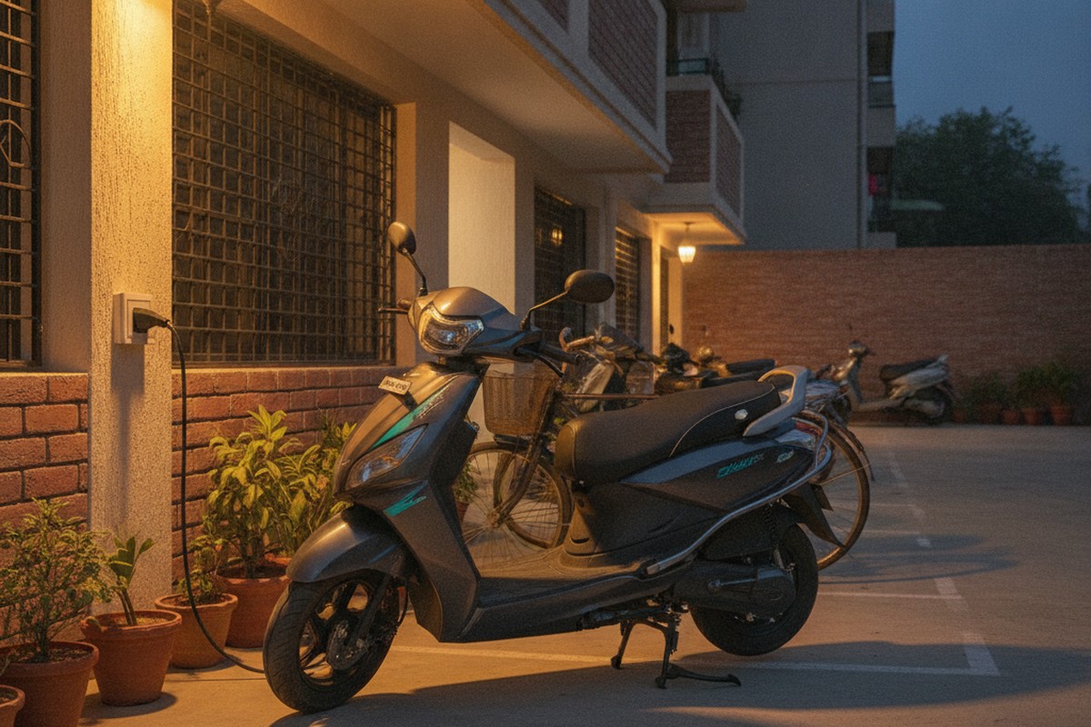 Electric scooter charging overnight at a home garage in India