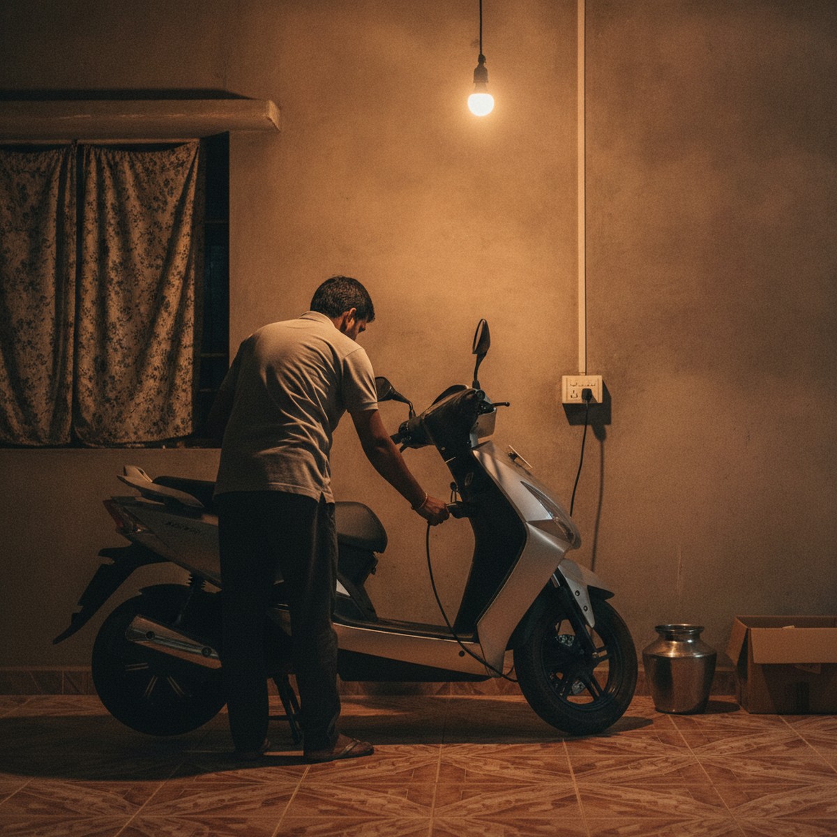 Electric scooter being charged at home in India using standard wall socket