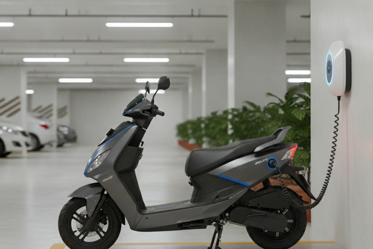 Electric scooter charging at a home charging point in an Indian apartment building