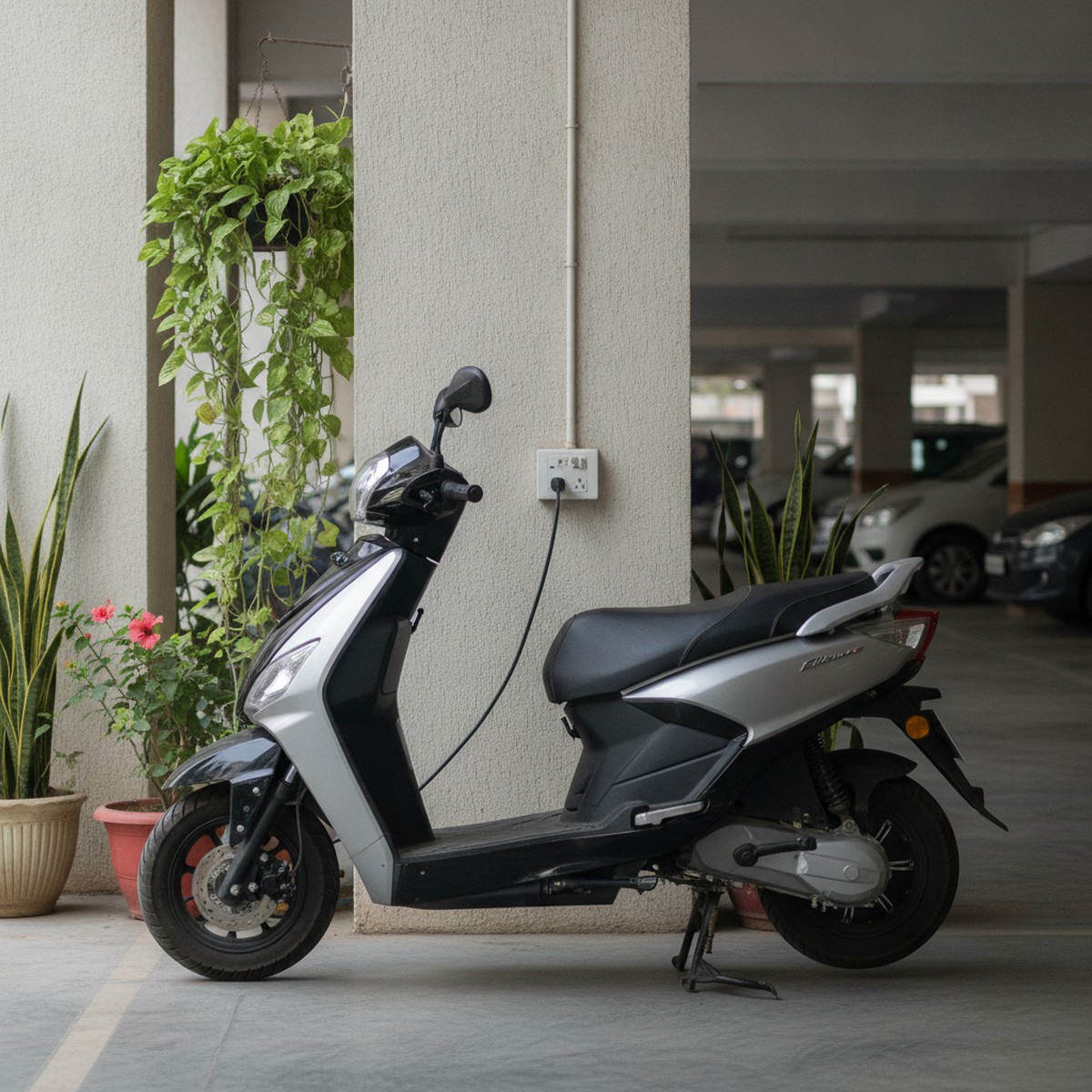 Electric scooter plugged into home charging point in an Indian apartment building