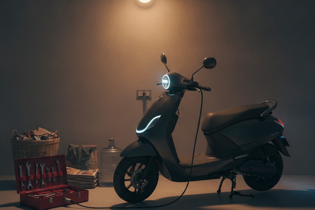 Electric scooter charging at home in India at night, cable plugged in showing convenient domestic charging setup