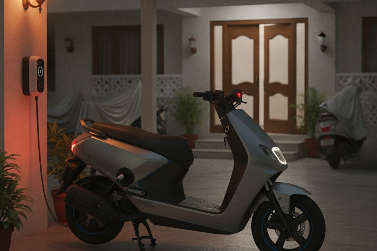 Electric scooter plugged in for overnight home charging in Indian apartment