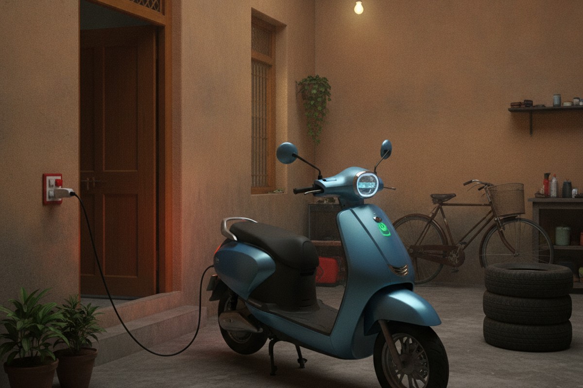 Elektree electric scooter parked outside a modern Indian office building, morning, photorealistic