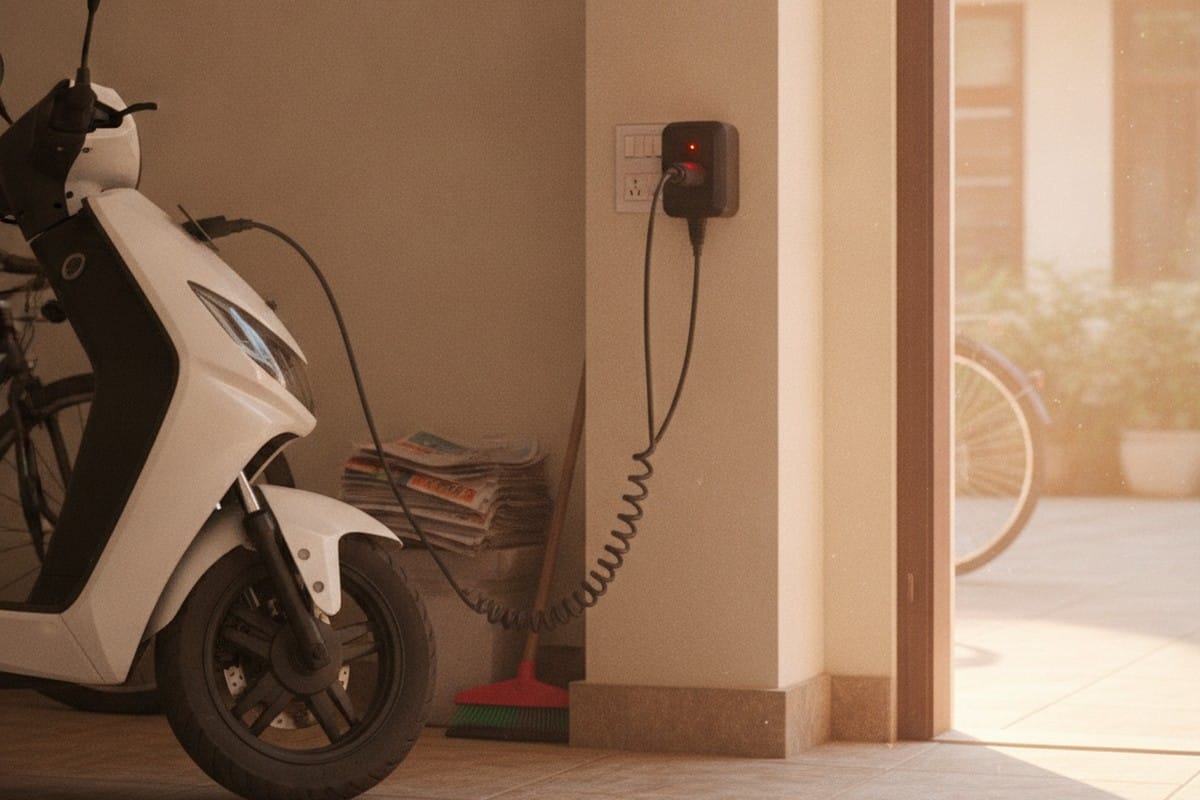 Electric scooter charging cable plugged into home socket in an Indian apartment parking area