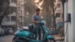 Electric scooter plugged into a home EV charging point on a residential Indian street at sunset