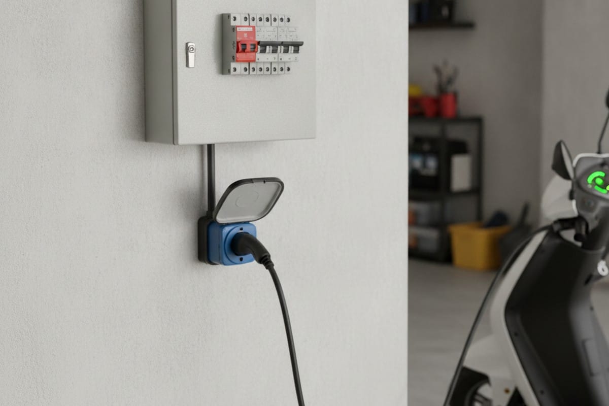 Safe home EV charging setup with RCCB and MCB circuit breakers for electric scooter in India