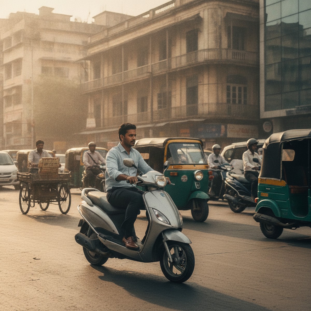Indian commuter riding an electric scooter through city traffic during morning rush hour