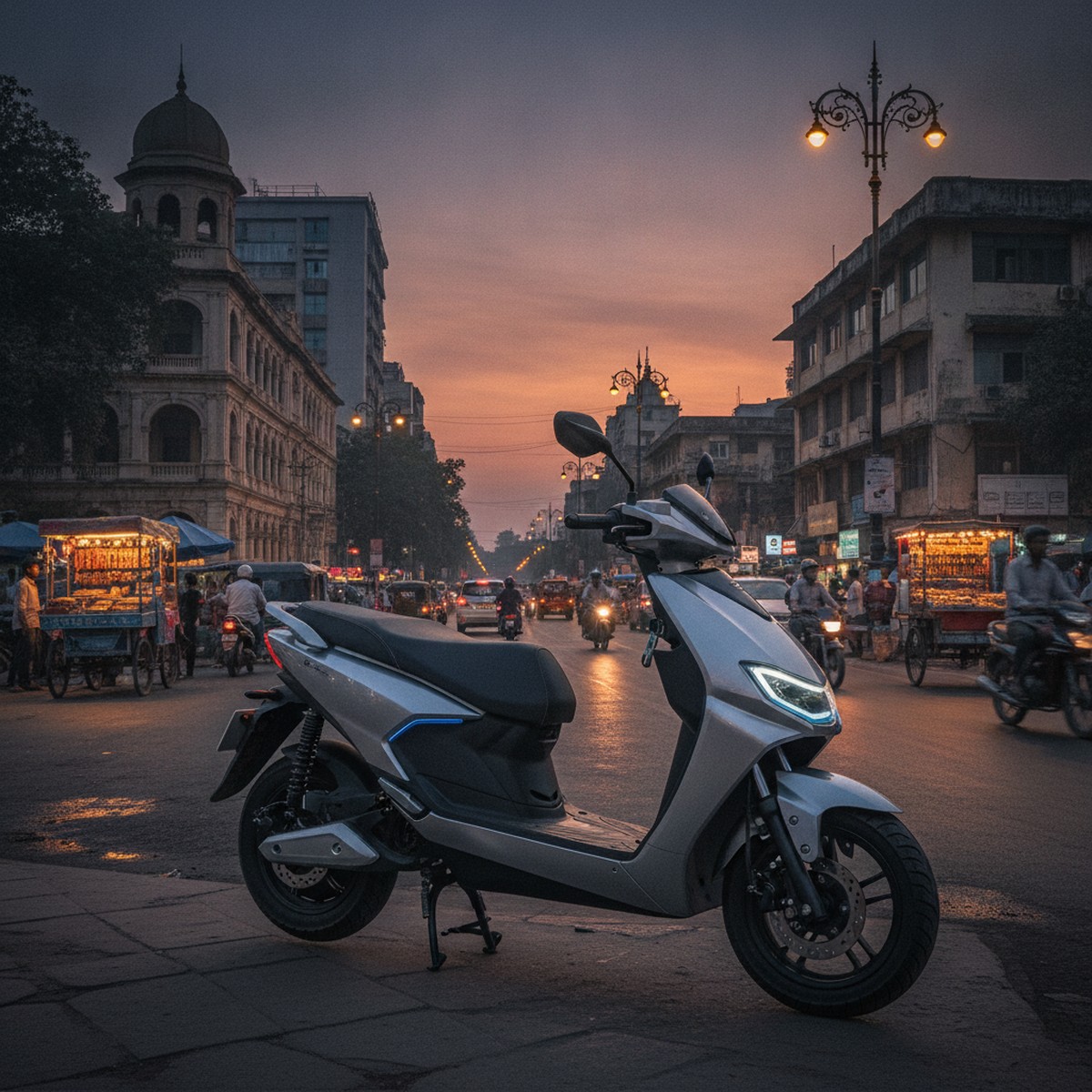 Electric scooter parked outside a college campus in India with a student carrying a backpack