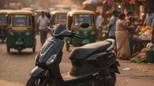 Modern electric scooter on a busy Indian city street at golden hour